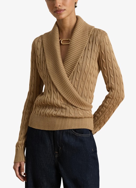 Ralph Lauren Kabelgebreide trui met kraag - voorkant 5 lauren camel / beige