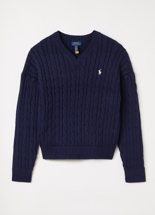 Ralph Lauren Kabelgebreide trui met logoborduring - voorkant 2 donkerblauw