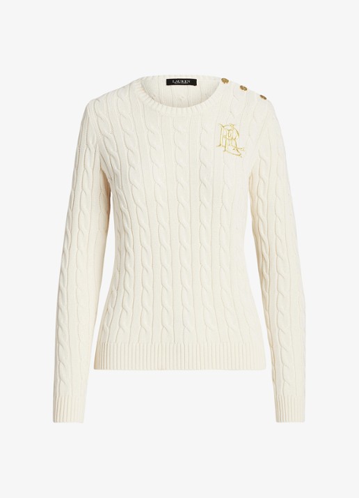 Ralph Lauren Kabelgebreide trui met logoborduring - voorkant mascarpone cream / beige