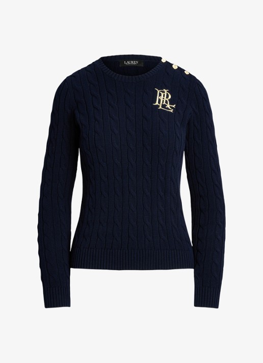 Ralph Lauren Kabelgebreide trui met logoborduring - voorkant 5 lauren navy / donkerblauw