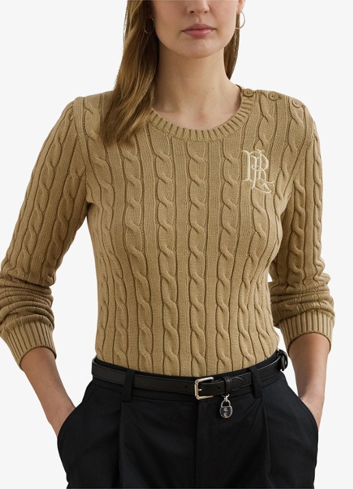 Ralph Lauren Kabelgebreide trui met logoborduring - detail birch tan / beige