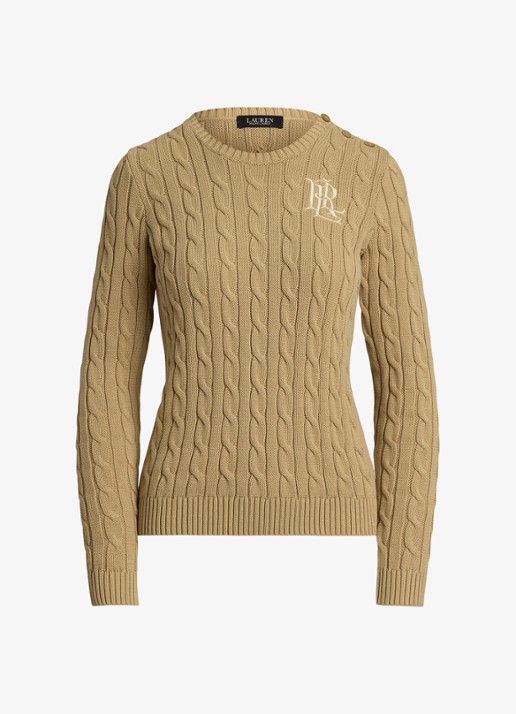 Ralph Lauren Kabelgebreide trui met logoborduring - voorkant 3 birch tan / beige