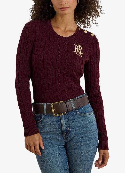 Ralph Lauren Kabelgebreide trui met logoborduring - detail dark garnet / bordeauxrood