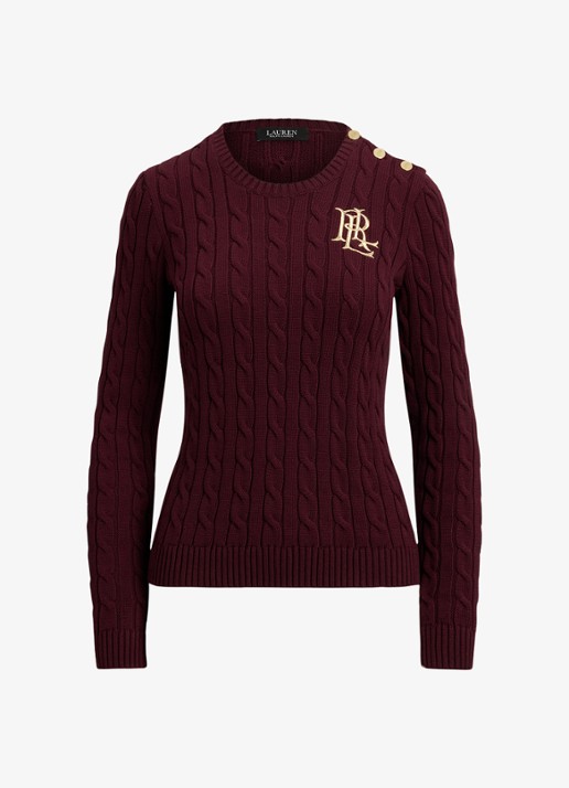 Ralph Lauren Kabelgebreide trui met logoborduring - voorkant 3 dark garnet / bordeauxrood