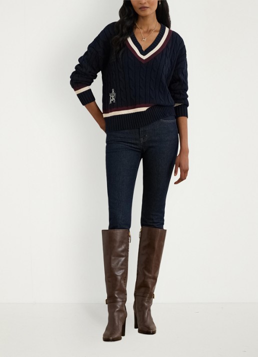 Ralph Lauren Kabelgebreide trui met logoborduring - voorkant 4 donkerblauw