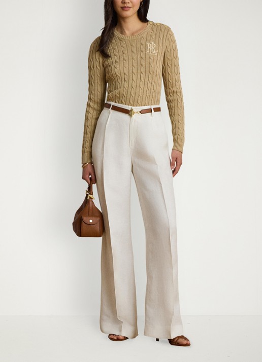 Ralph Lauren Kabelgebreide trui met logoborduring - voorkant 5 birch tan / beige