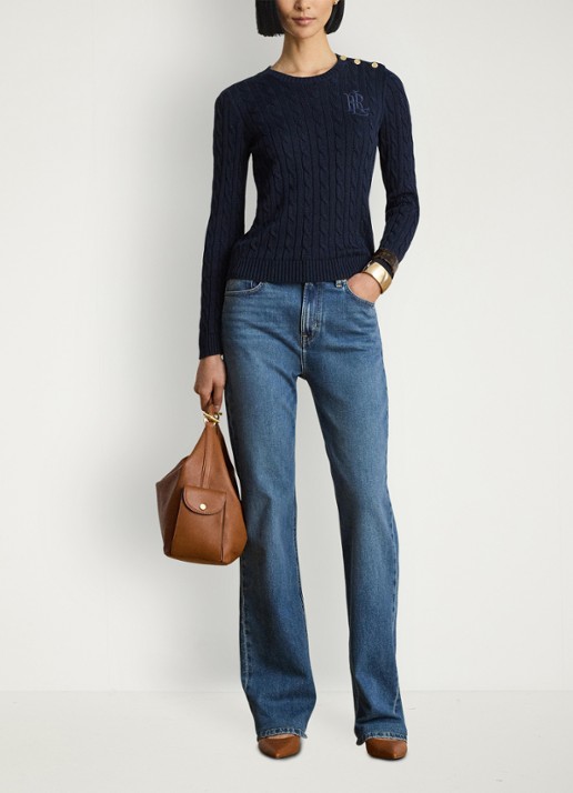 Ralph Lauren Kabelgebreide trui met logoborduring - voorkant 5 lauren navy / blauw