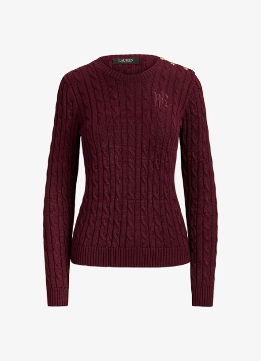Ralph Lauren Kabelgebreide trui met logoborduring - voorkant 4 dark garnet / bordeauxrood