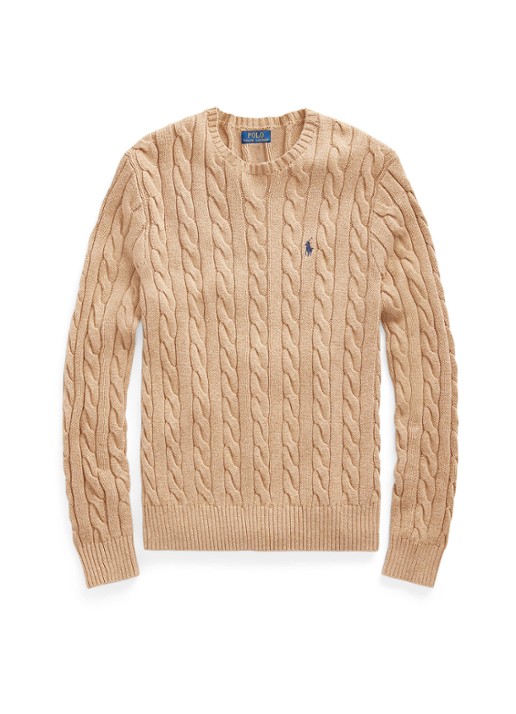 Ralph Lauren Kabelgebreide trui met logoborduring - voorkant 4 camel melange-2x88