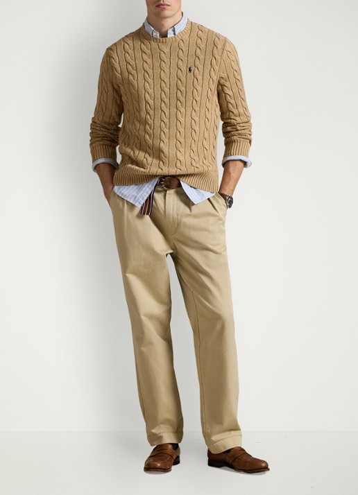 Ralph Lauren Kabelgebreide trui met logoborduring - voorkant 5 camel melange-2x88