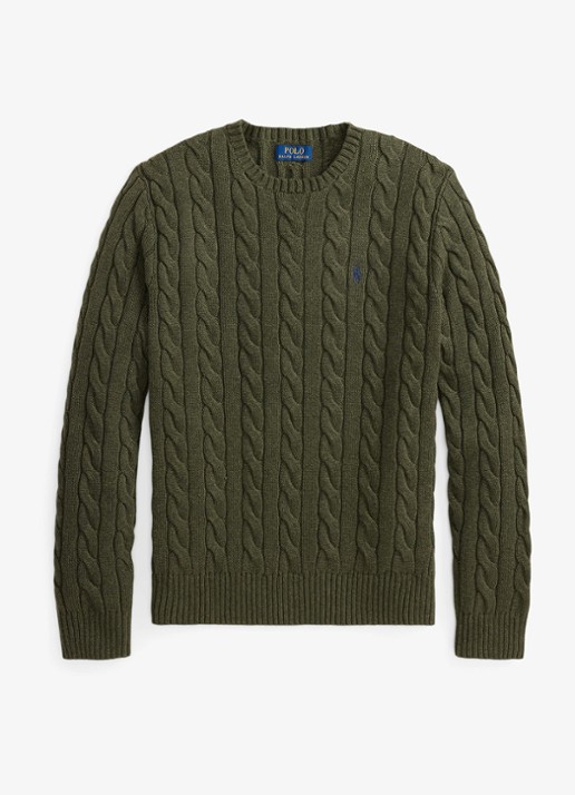 Ralph Lauren Kabelgebreide trui met logoborduring - voorkant olive shrub heather-zxqg