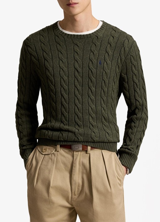Ralph Lauren Kabelgebreide trui met logoborduring - voorkant 2 olive shrub heather-zxqg