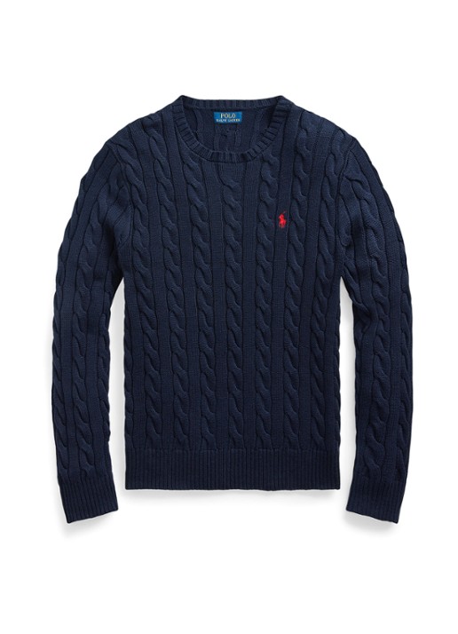 Ralph Lauren Kabelgebreide trui met logoborduring - voorkant 9 hunter navy / blauw