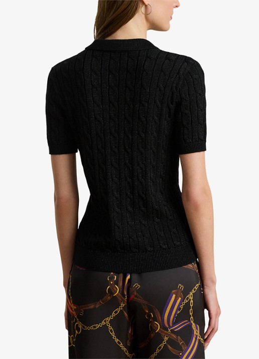 Ralph Lauren Kabelgebreide trui met polokraag  - achterkant black metallic / zwart