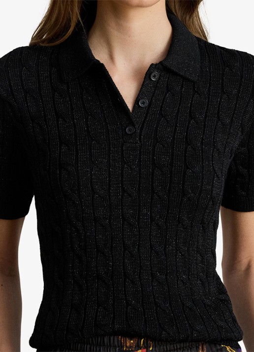 Ralph Lauren Kabelgebreide trui met polokraag  - detail 5 black metallic / zwart