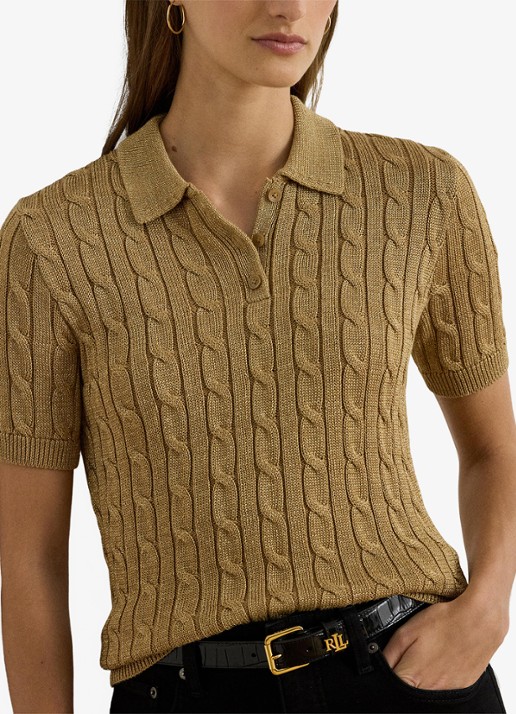 Ralph Lauren Kabelgebreide trui met polokraag  - detail 2 relic gold metallic / goud