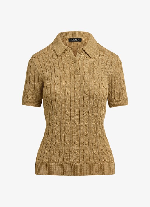 Ralph Lauren Kabelgebreide trui met polokraag  - voorkant 3 relic gold metallic / goud
