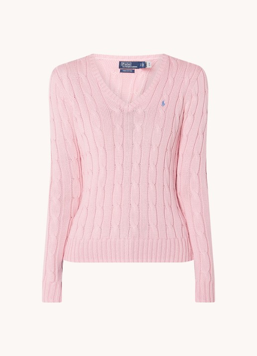 Ralph Lauren Kabelgebreide trui met V-hals - voorkant roze