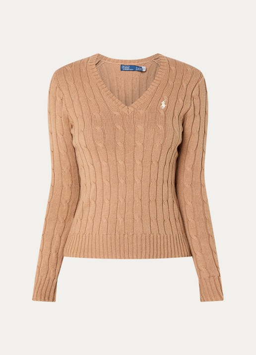 Ralph Lauren Kabelgebreide trui met V-hals - voorkant camel