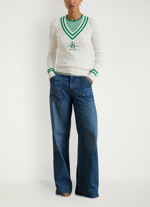 Ralph Lauren Kabelgebreide trui met V-hals - voorkant 3 wit