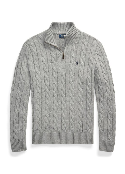 Ralph Lauren Katoenen kabeltrui met kwartrits - voorkant fawn grey heather / grijs