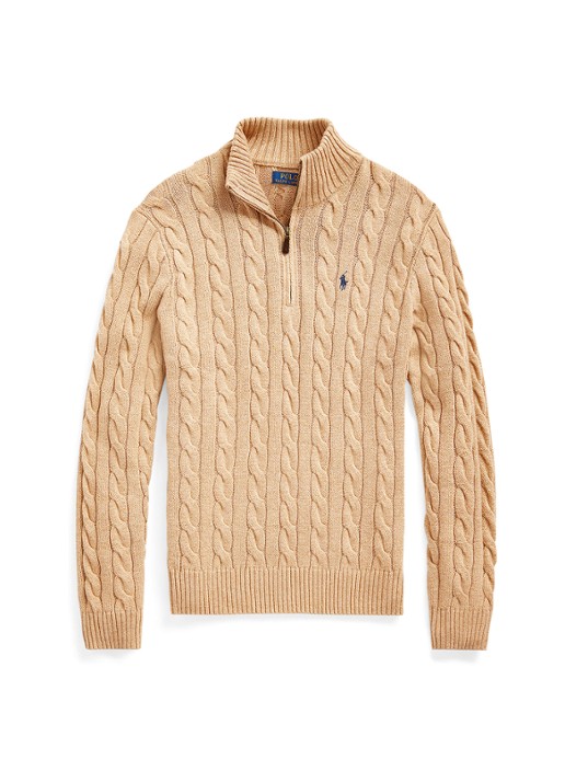 Ralph Lauren Katoenen kabeltrui met kwartrits - voorkant camel melange / camel