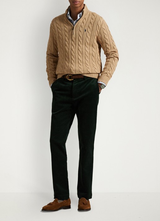 Ralph Lauren Katoenen kabeltrui met kwartrits - voorkant 2 camel melange / camel