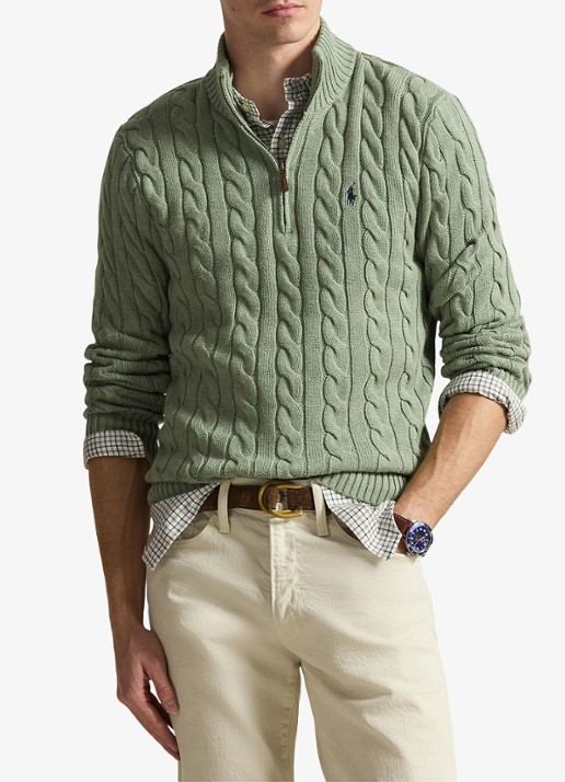 Ralph Lauren Katoenen kabeltrui met kwartrits - detail fern green heather / groen