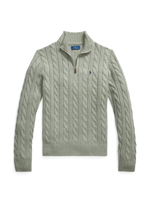 Ralph Lauren Katoenen kabeltrui met kwartrits - voorkant 4 fern green heather / groen
