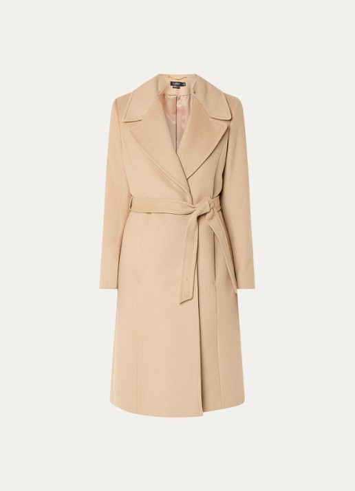 Ralph Lauren Mantel in kasjmierblend met schoudervulling en ceintuur - voorkant 2 camel