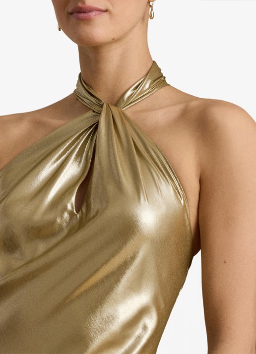 Ralph Lauren Maxi halterjurk met metallic finish - detail tan/light gold foil / goud