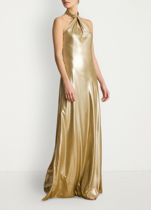 Ralph Lauren Maxi halterjurk met metallic finish - voorkant 4 tan/light gold foil / goud