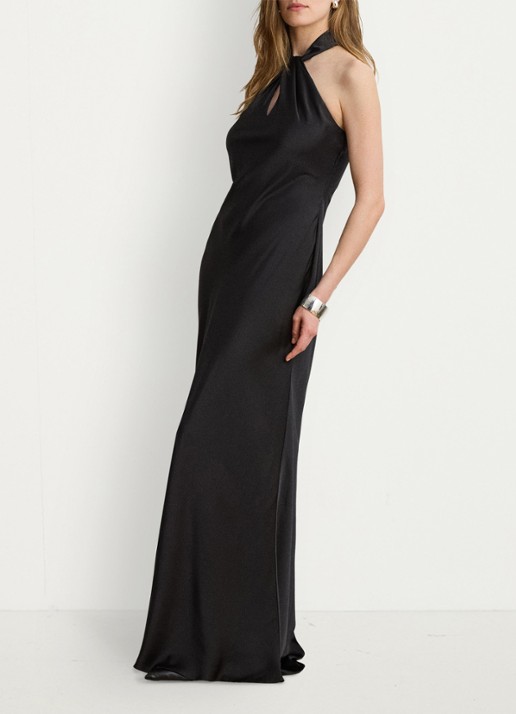 Ralph Lauren Maxi halterjurk van satijn - voorkant 2 zwart