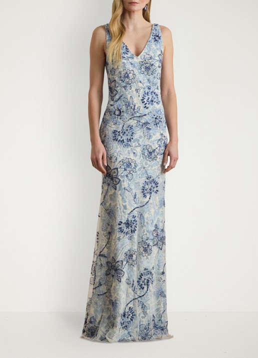 Ralph Lauren Maxi jurk met bloemenprint en kralendecoratie - voorkant 2 blue multi / blauw