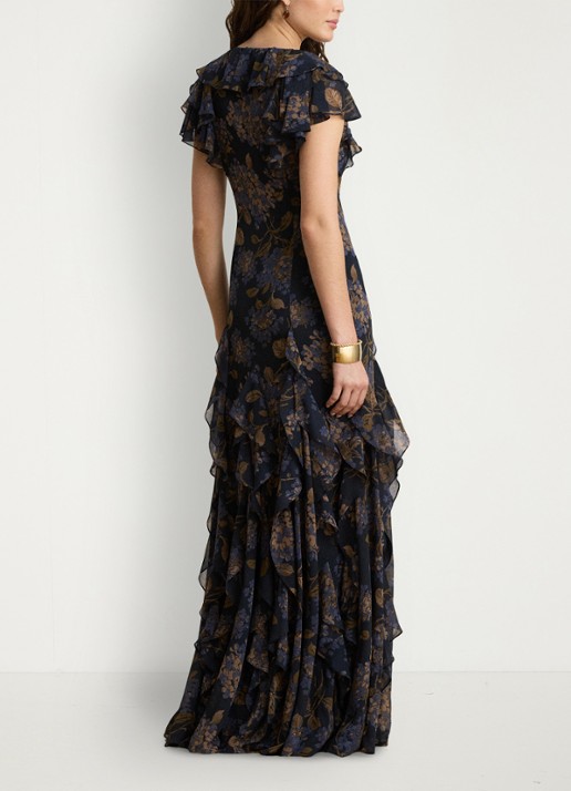Ralph Lauren Maxi jurk met bloemenprint en ruches - achterkant 3 navy multi / blauw