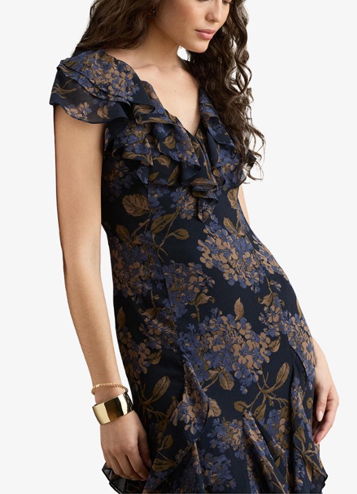 Ralph Lauren Maxi jurk met bloemenprint en ruches - detail navy multi / blauw