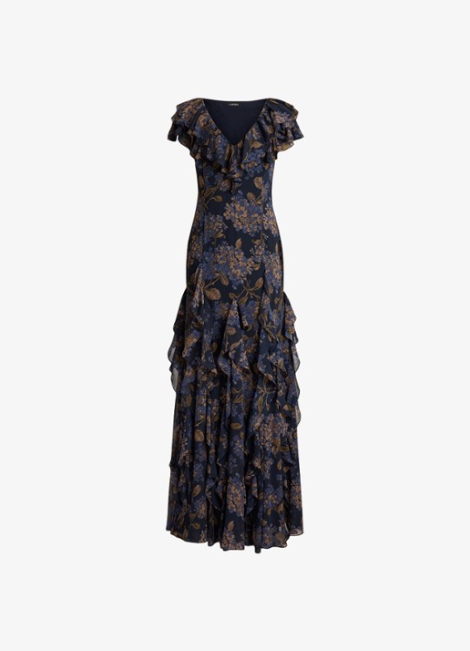 Ralph Lauren Maxi jurk met bloemenprint en ruches - voorkant 4 navy multi / blauw