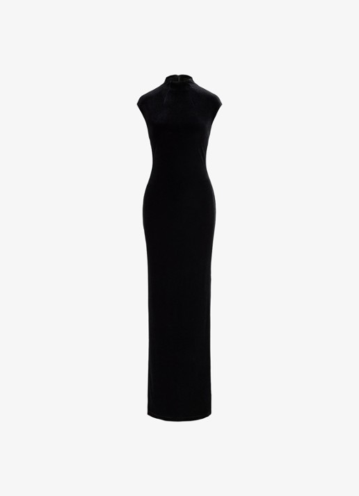Ralph Lauren Maxi jurk van fluweel met split - voorkant black velvet