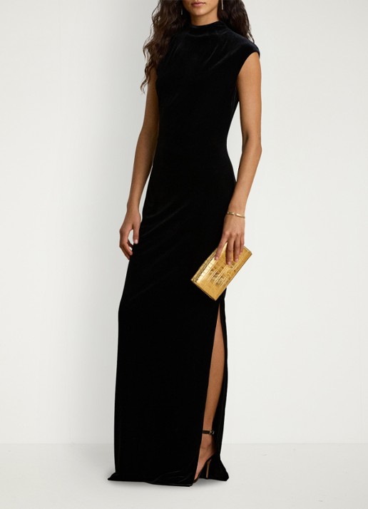 Ralph Lauren Maxi jurk van fluweel met split - voorkant 2 black velvet