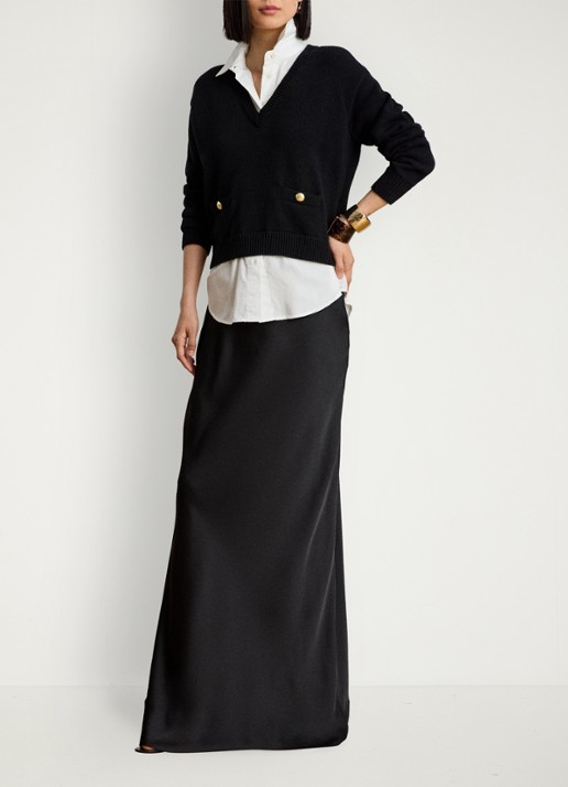 Ralph Lauren Maxi rok van satijn - voorkant 2 zwart