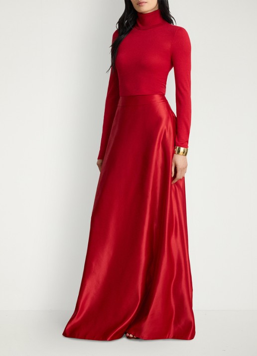 Ralph Lauren Maxi rok van satijn - voorkant 5 ralph red / rood