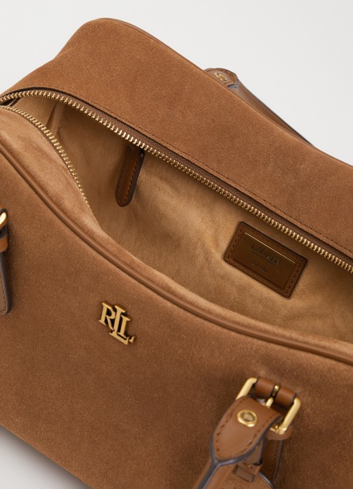 Ralph Lauren Mercy schoudertas van suède met leren details  - detail cognac