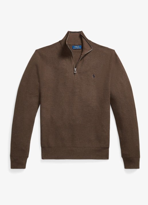 Ralph Lauren Mesh-gebreide katoenen trui met rits - voorkant 2 nutmeg brown / bruin