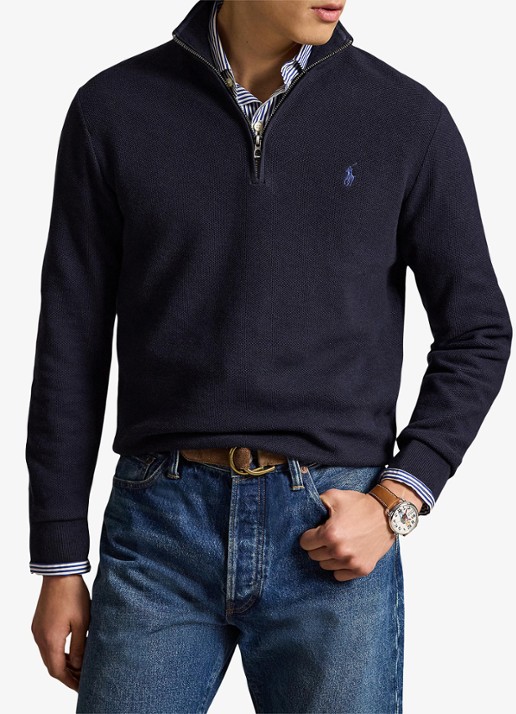 Ralph Lauren Mesh-gebreide katoenen trui met rits - detail 4 navy heather / blauw