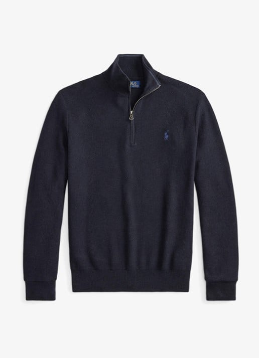 Ralph Lauren Mesh-gebreide katoenen trui met rits - voorkant 2 navy heather / blauw