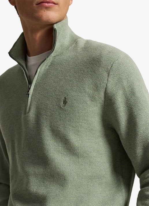Ralph Lauren Mesh-gebreide katoenen trui met rits - detail 2 fern green heather / groen