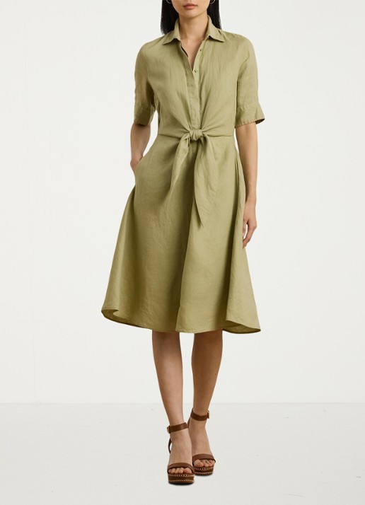 Ralph Lauren Midi blousejurk met gestrikt detail - voorkant 2 light olive / groen