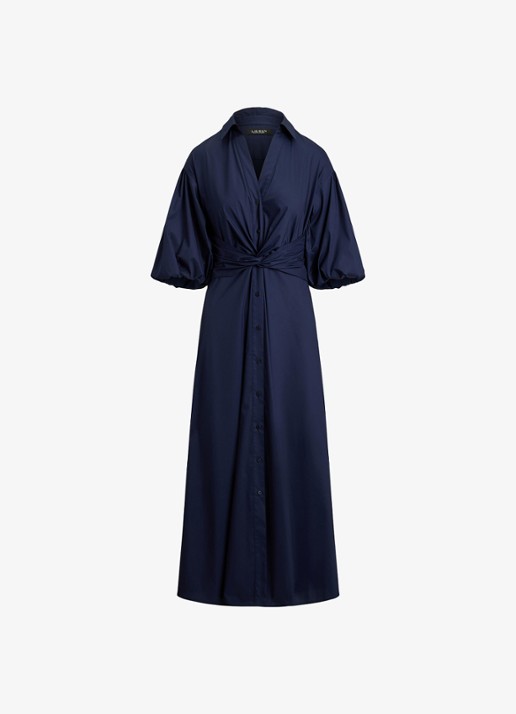 Ralph Lauren Midi blousejurk met knoopdetail en ballonmouwen - voorkant lauren navy / blauw