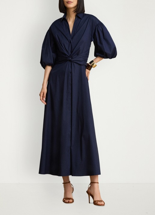 Ralph Lauren Midi blousejurk met knoopdetail en ballonmouwen - voorkant 2 lauren navy / blauw