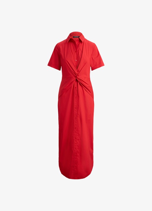 Ralph Lauren Midi blousejurk met plooidetail - voorkant cruise red 2wr6 / rood